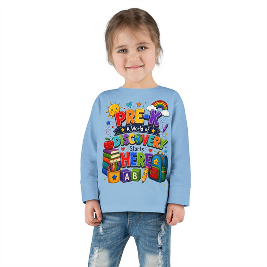 Pre-K Discovery Toddler Long Sleeve Tee – “A World of Discovery Starts Here”
