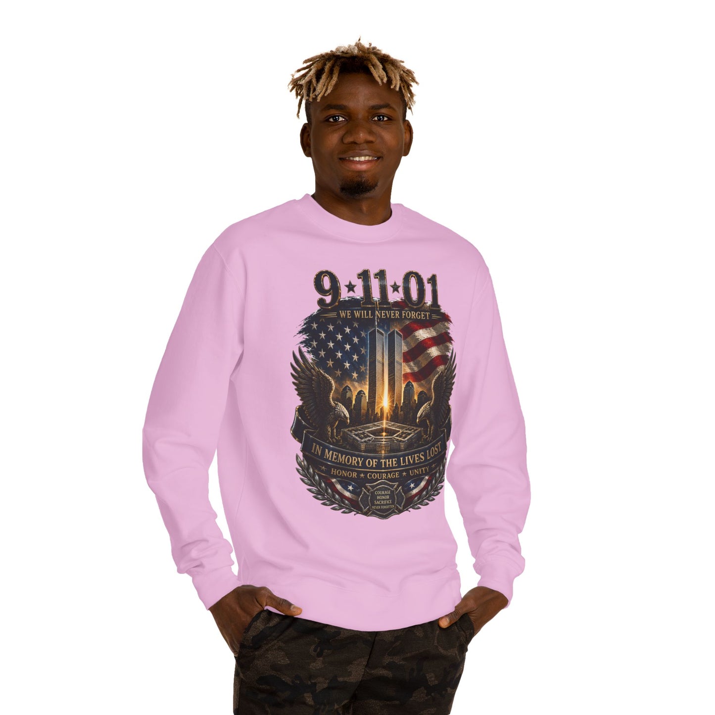 9/11 Memorial Sweatshirt – 'We Will Never Forget' Twin Towers Tribute Crewneck