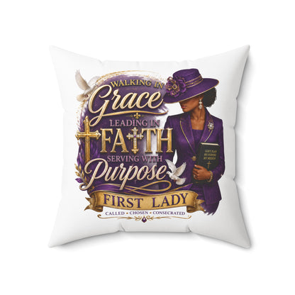 First Lady Faith Pillow — "Walking in Grace, Leading in Faith" Decorative Throw Pillow