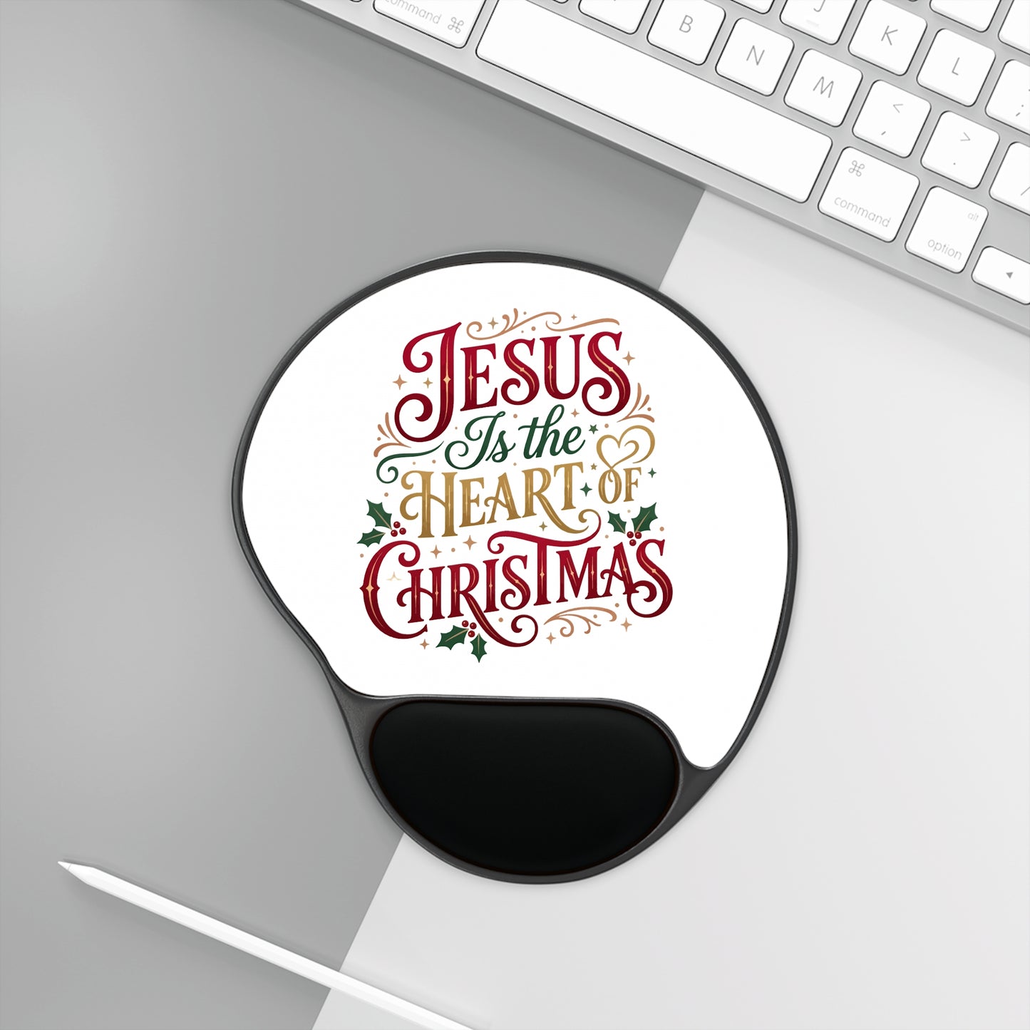Christmas Mouse Pad with Wrist Rest — "Jesus Is the Heart of Christmas" Holiday Desk Mat