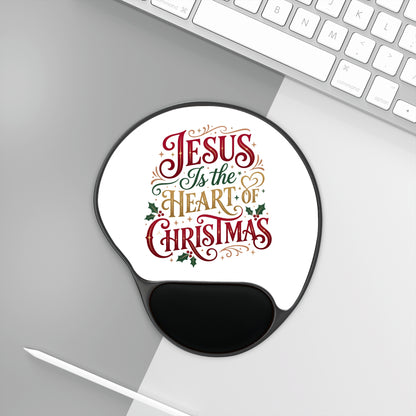 Christmas Mouse Pad with Wrist Rest — "Jesus Is the Heart of Christmas" Holiday Desk Mat
