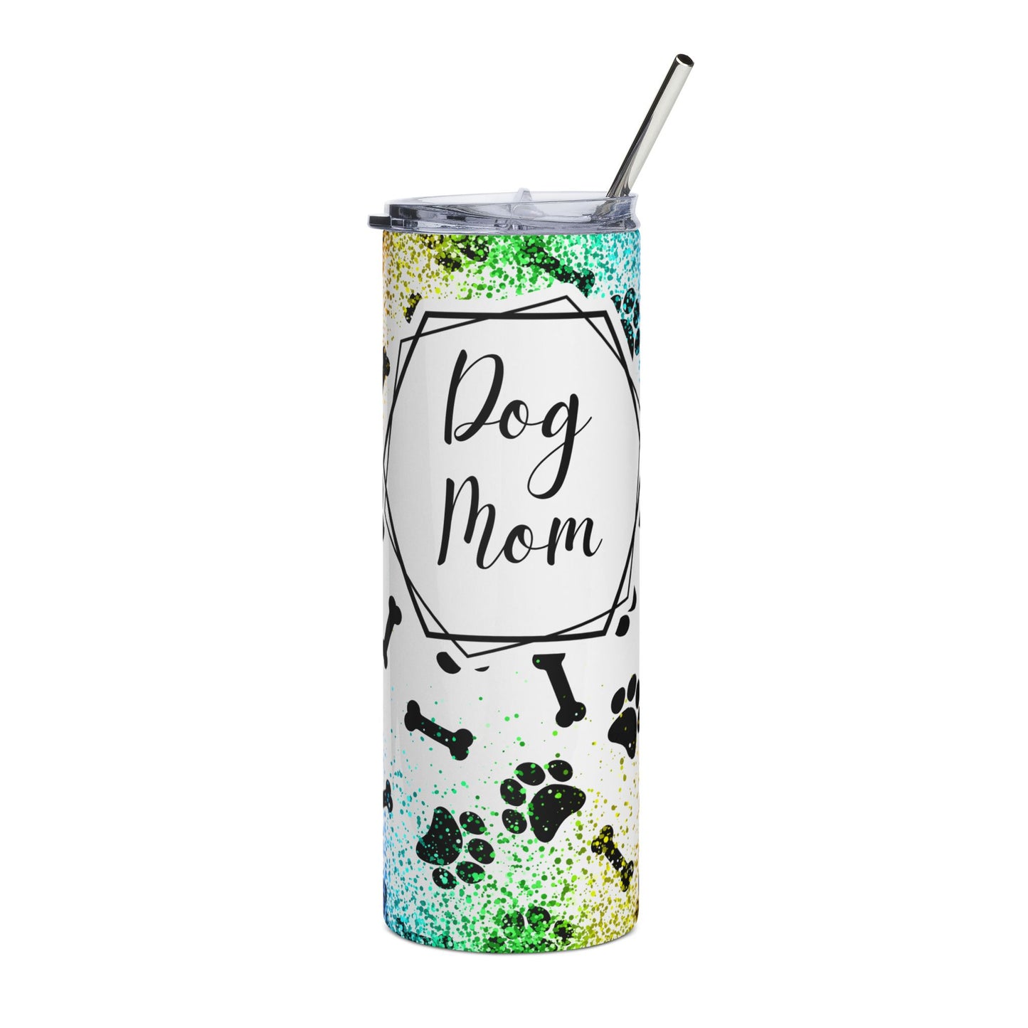 Dog Mom Stainless Steel Tumbler — 20oz Rainbow Paw Print Travel Cup