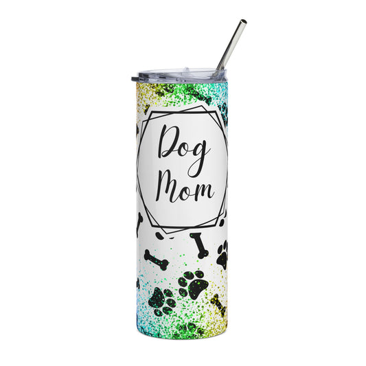 Dog Mom Stainless Steel Tumbler — 20oz Rainbow Paw Print Travel Cup
