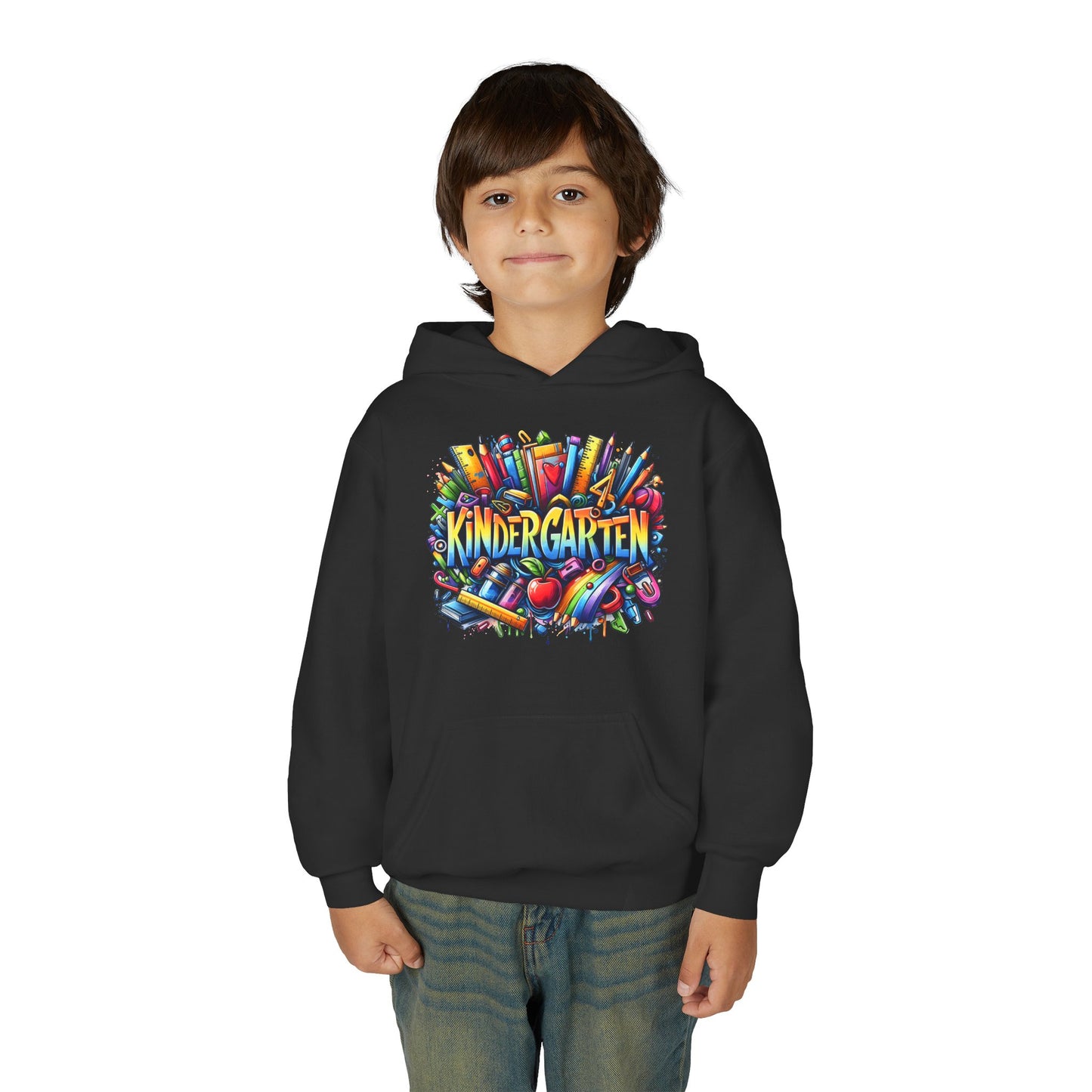 Kindergarten Kids Hoodie — Colorful School Supplies Back-to-School Sweatshirt