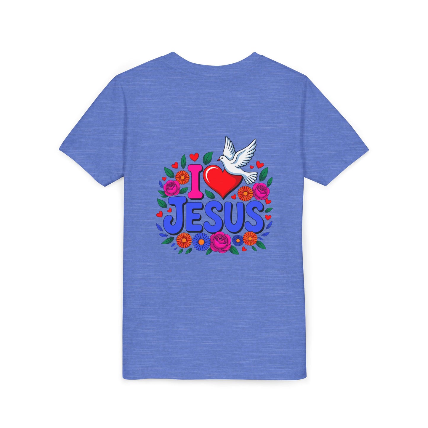 Youth Tee — "I  Jesus" Colorful Dove & Floral Christian Shirt