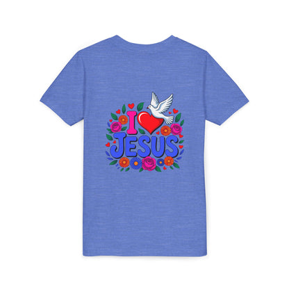 Youth Tee — "I  Jesus" Colorful Dove & Floral Christian Shirt