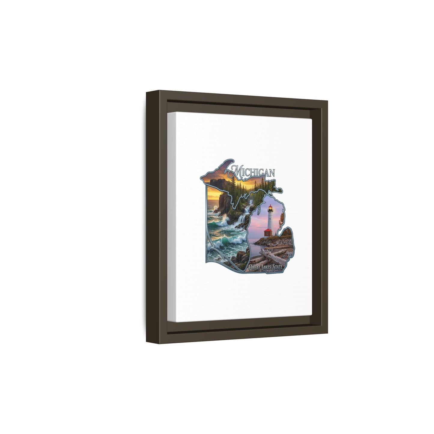 Michigan Framed Canvas Wall Art — Great Lakes State Lighthouse & Shoreline Print