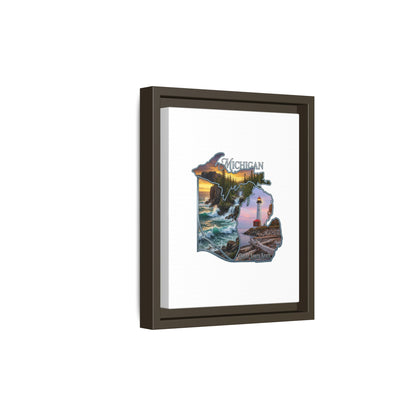 Michigan Framed Canvas Wall Art — Great Lakes State Lighthouse & Shoreline Print