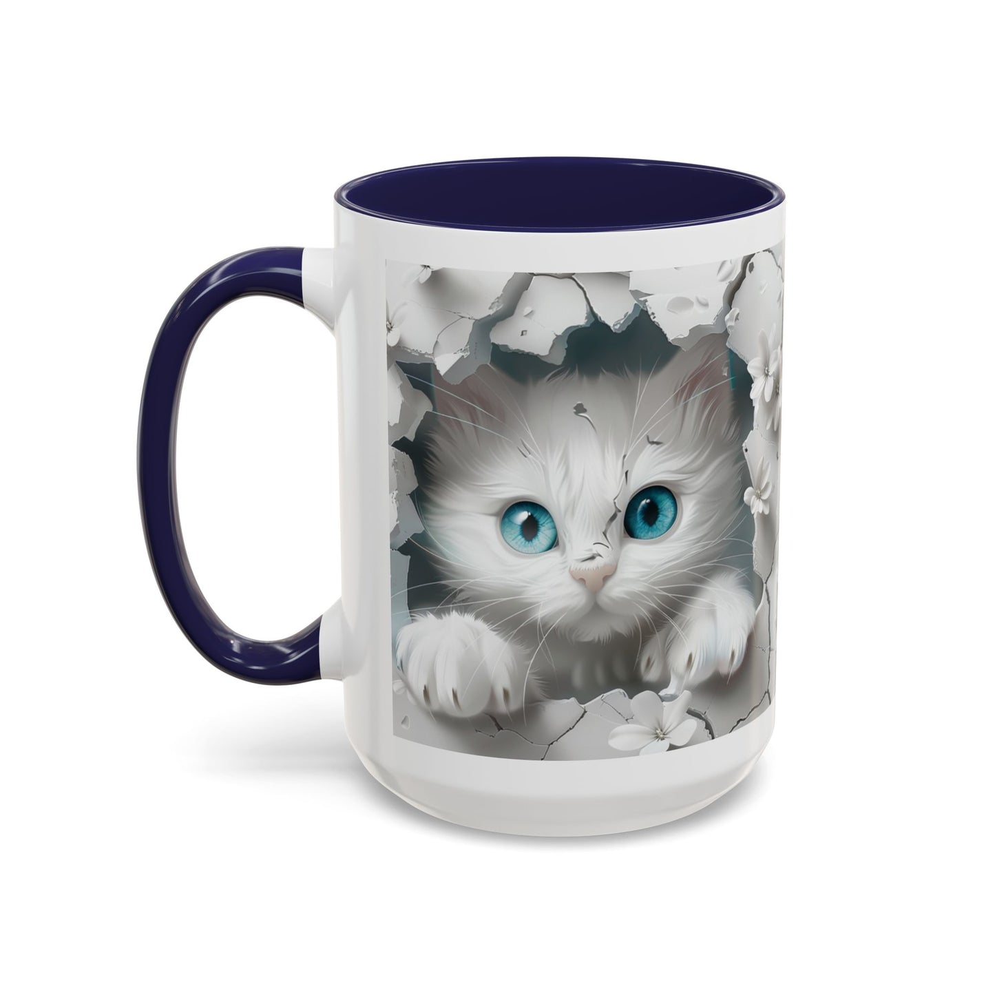 Cute Blue-Eyed Kitten Accent Coffee Mug – Floral Peekaboo Cat Design (11/15 oz)