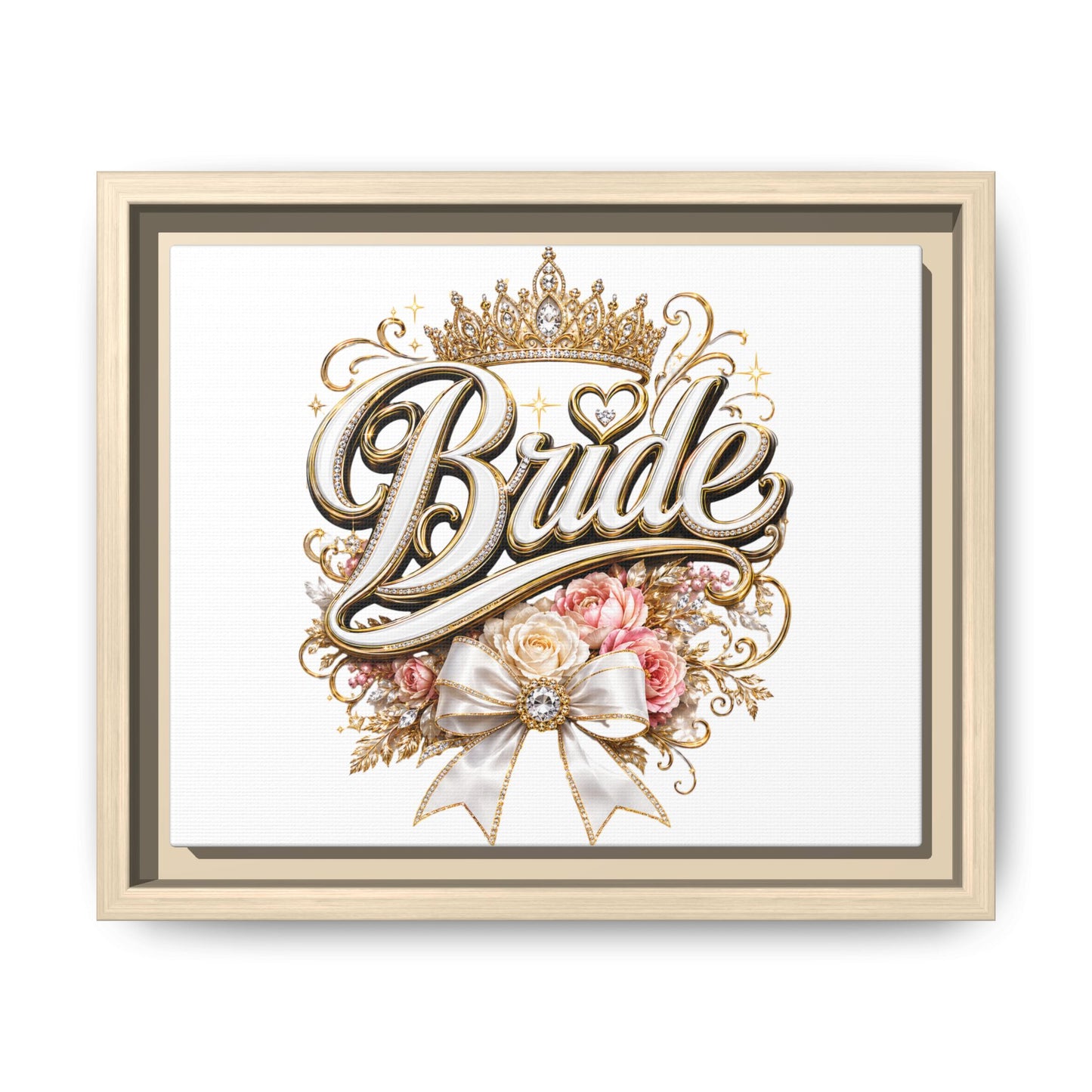 Framed Bride Canvas Wall Art — Elegant Bridal Crown & Floral Wedding Decor