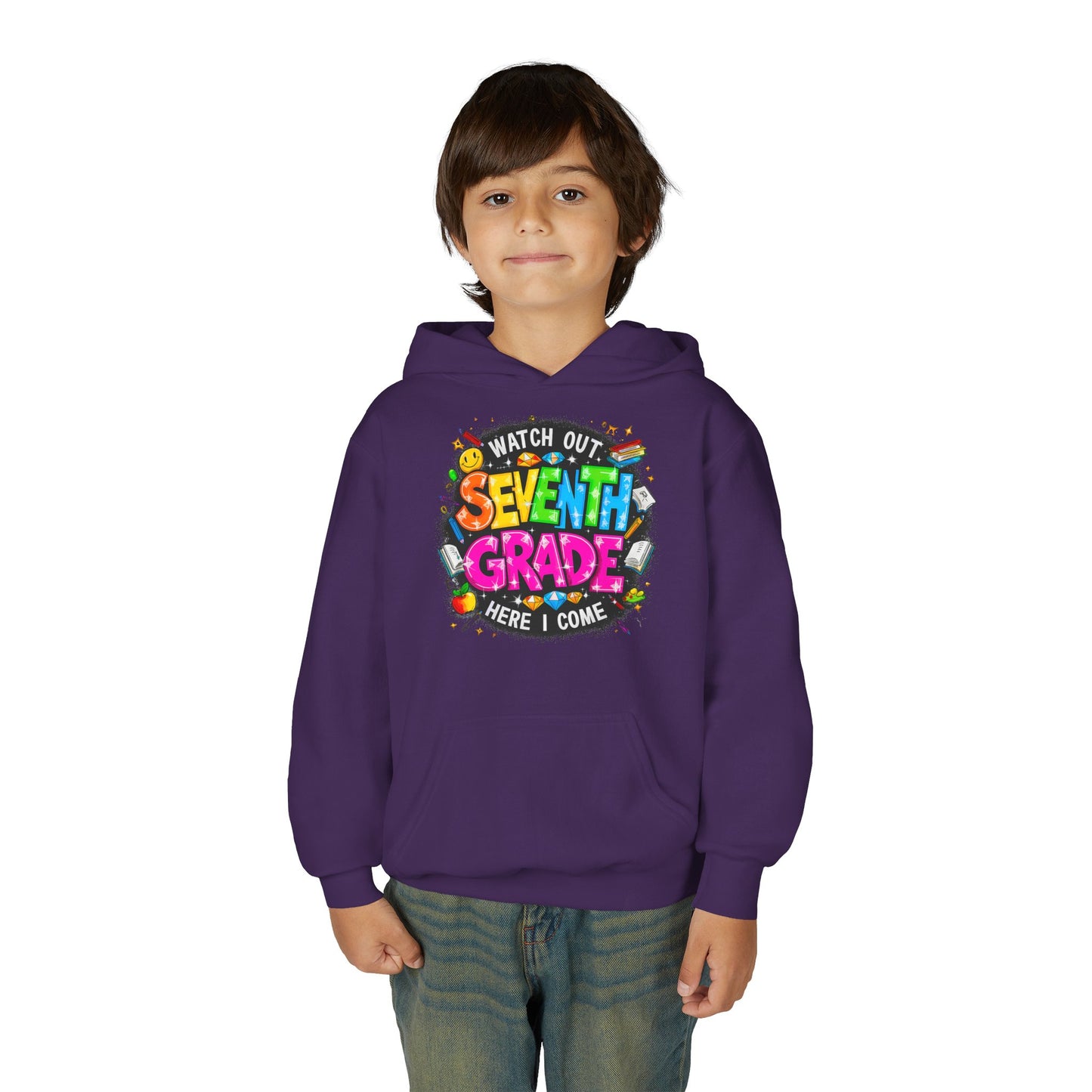 Seventh Grade Hoodie – "Watch Out Seventh Grade Here I Come" Colorful Back-to-School Youth Sweatshirt