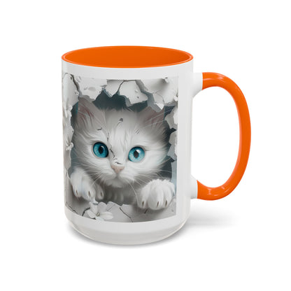 Cute Blue-Eyed Kitten Accent Coffee Mug – Floral Peekaboo Cat Design (11/15 oz)