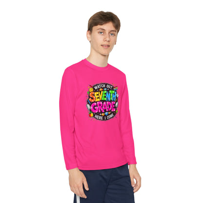Seventh Grade Youth Long Sleeve Tee — "Watch Out Seventh Grade Here I Come" Back-to-School Shirt