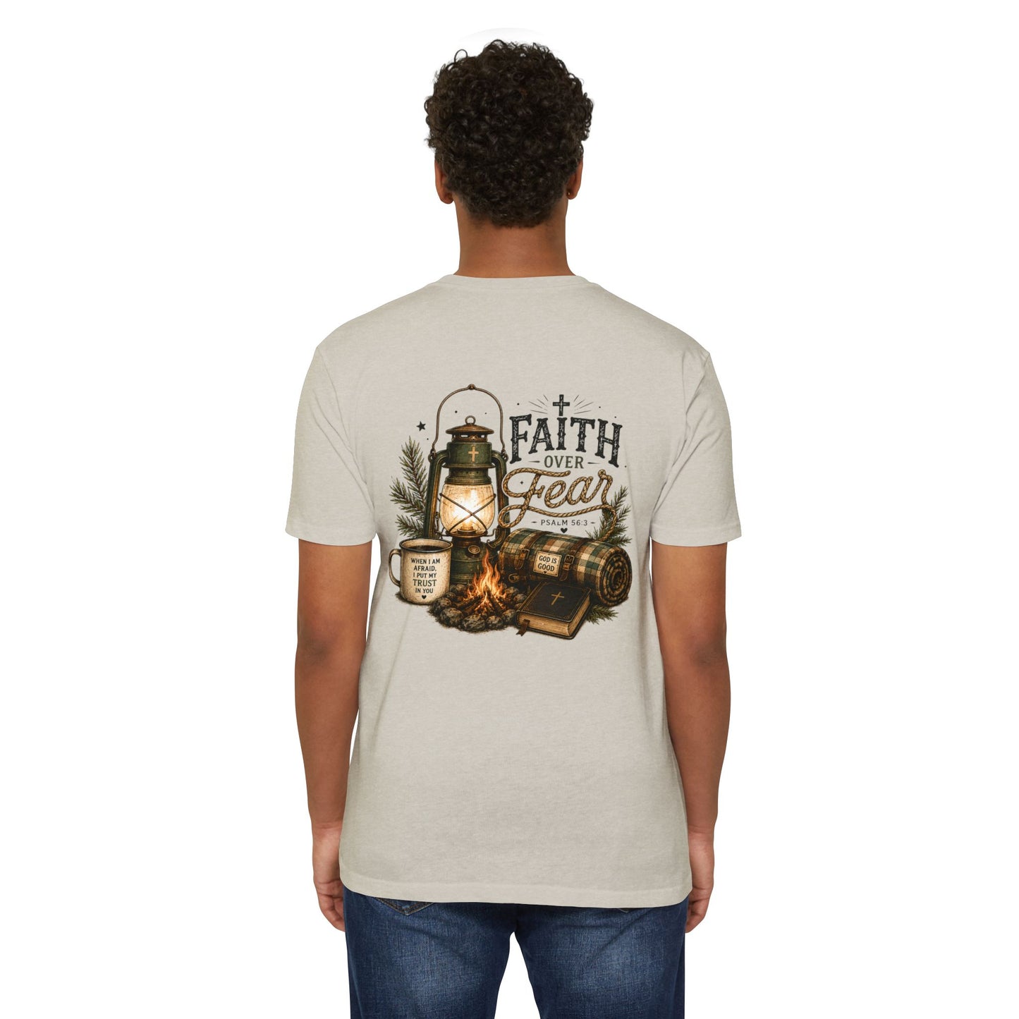 Faith Over Fear T-Shirt — Christian Camping Lantern & Bible Graphic