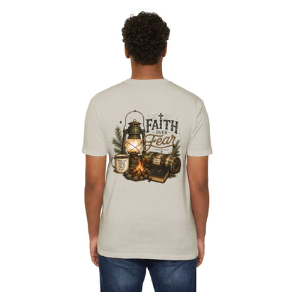 Faith Over Fear T-Shirt — Christian Camping Lantern & Bible Graphic