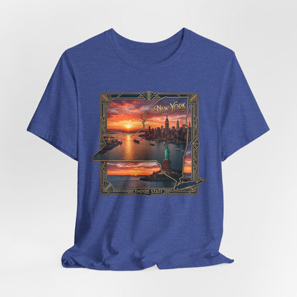 New York Sunset Skyline Tee — Statue of Liberty Vintage Travel T‑Shirt