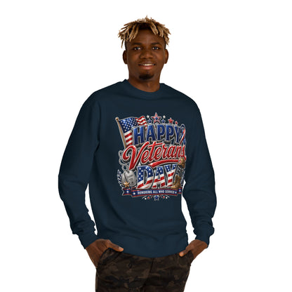 Happy Veterans Day Sweatshirt — Patriotic 'Honoring All Who Served' Crewneck