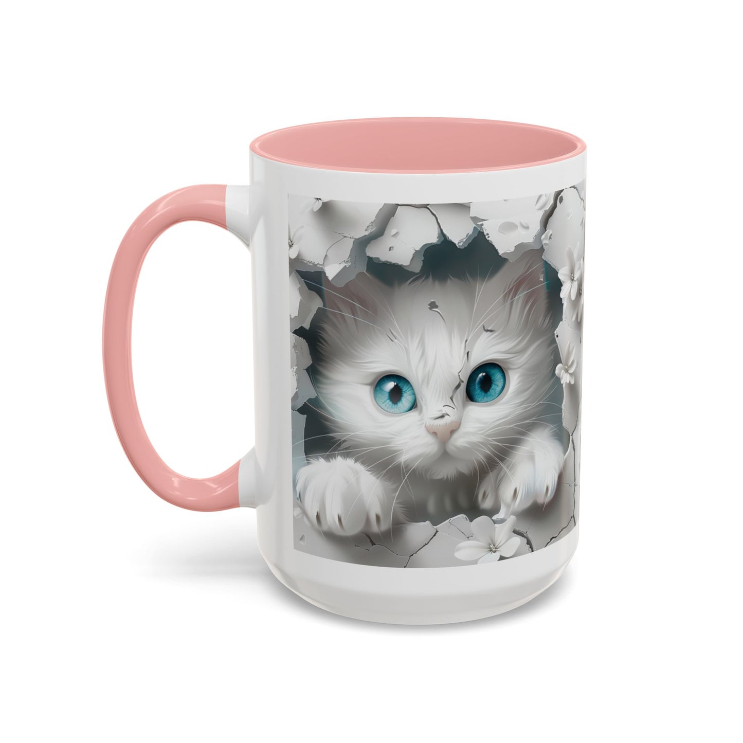 Cute Blue-Eyed Kitten Accent Coffee Mug – Floral Peekaboo Cat Design (11/15 oz)
