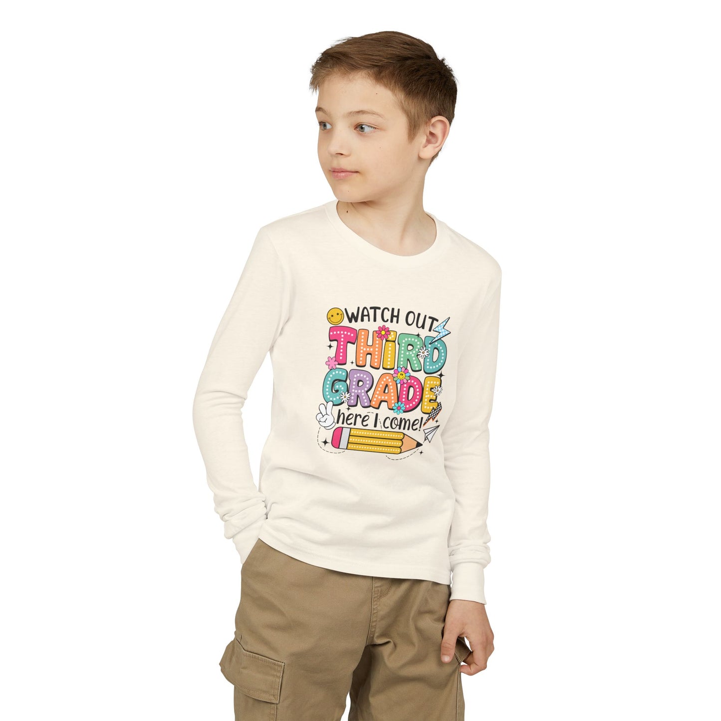 Youth Long Sleeve Tee "Watch Out Third Grade Here I Come" Back-to-School Shirt