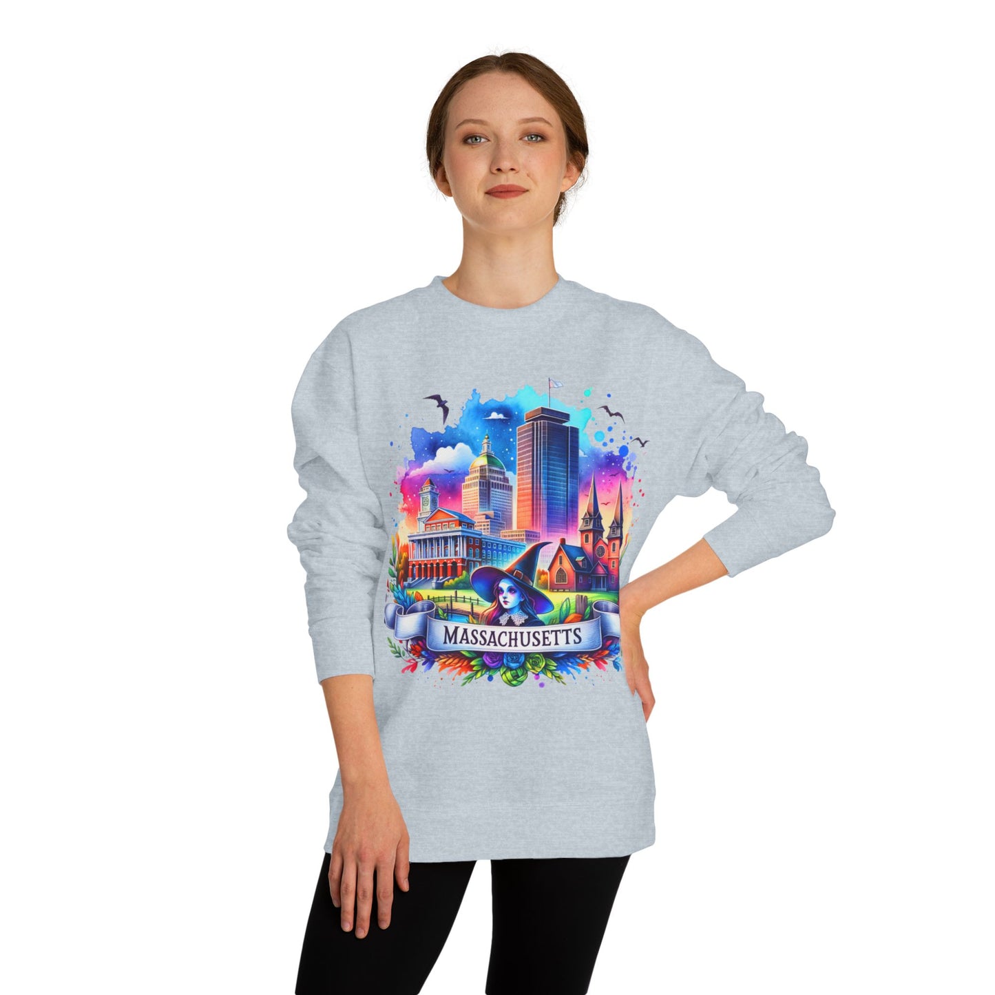 Massachusetts Skyline Crewneck Sweatshirt — Colorful Boston Landmark Graphic