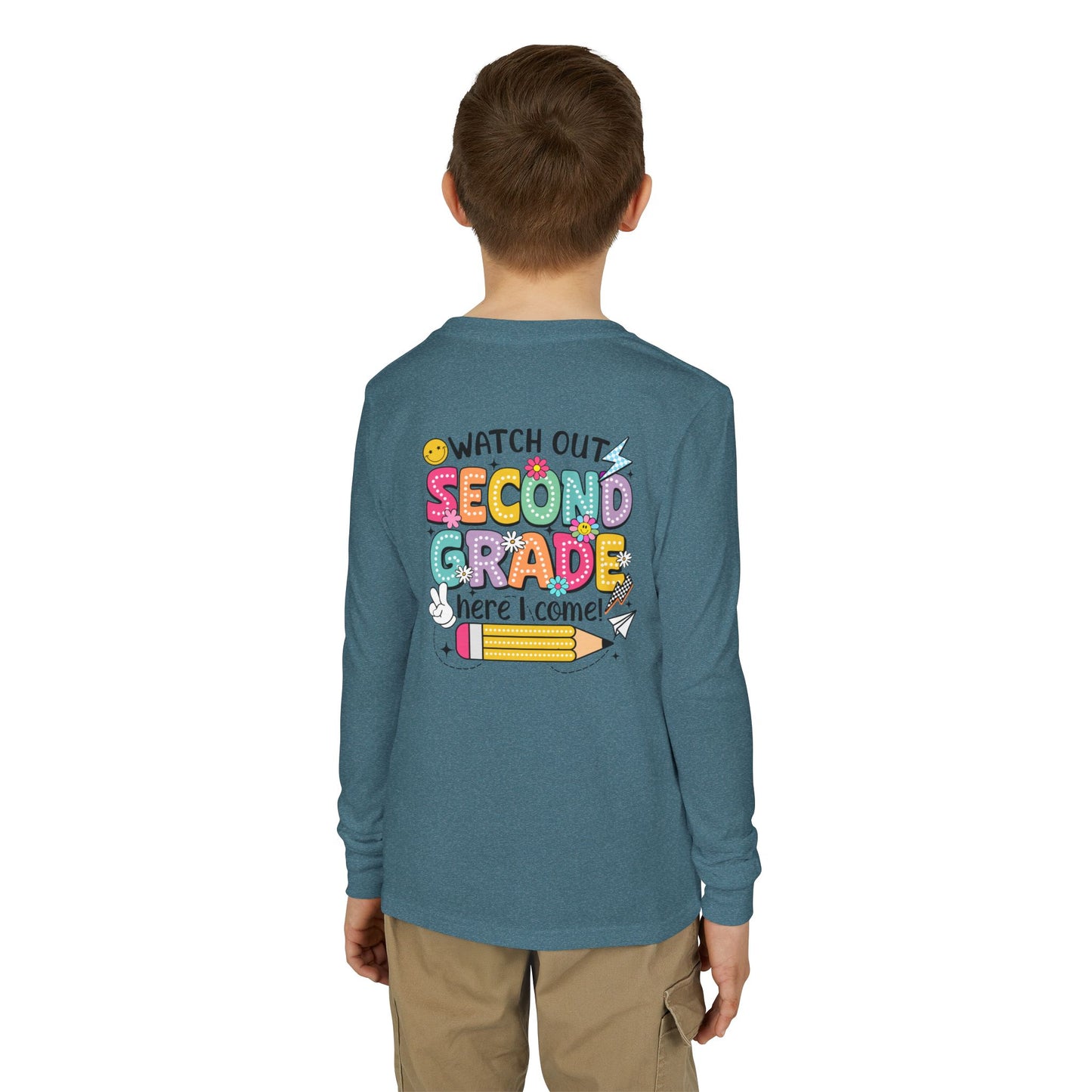 Second Grade Kids Long Sleeve Tee – “Watch Out Second Grade Here I Come!” Back-to-School Shirt