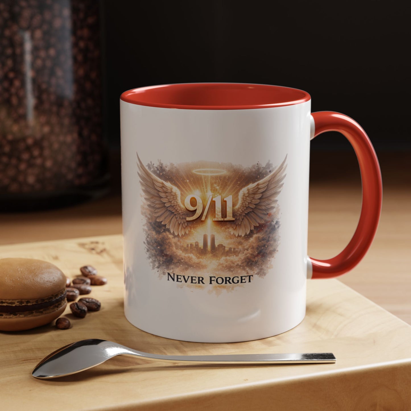 9/11 Never Forget Accent Coffee Mug — Memorial Tribute Ceramic Mug