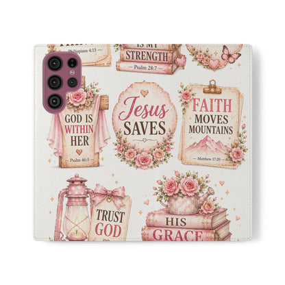 Christian Floral Phone Flip Case — "Jesus Saves" & Inspirational Scripture Wallet Cover