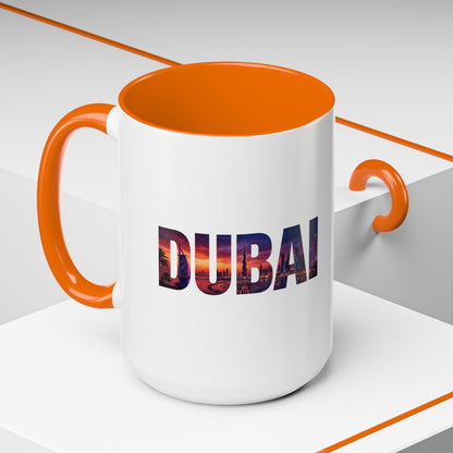 Dubai Skyline Accent Coffee Mug — Sunset City Photo Text (11/15oz)