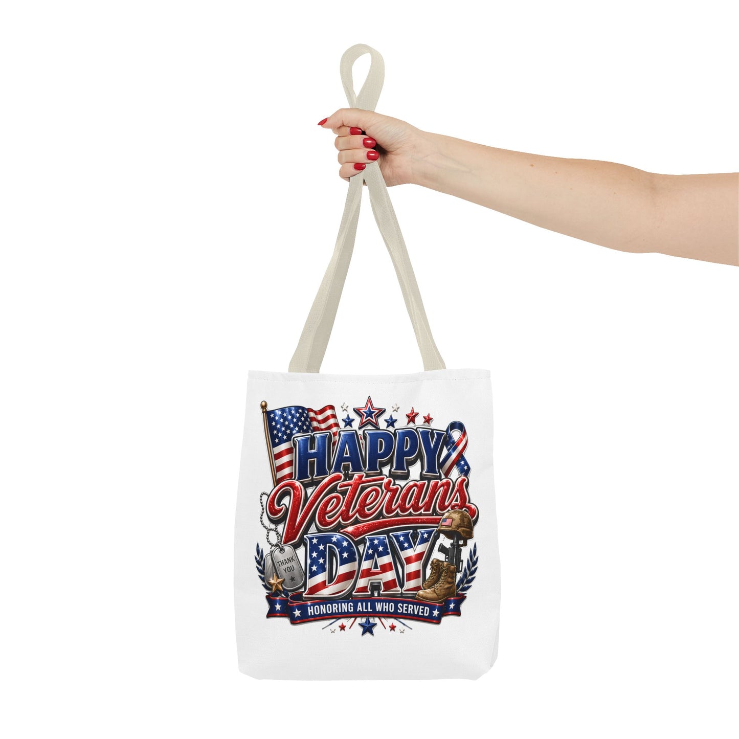 Veterans Day Tote Bag — "Happy Veterans Day" Patriotic All-Over Print