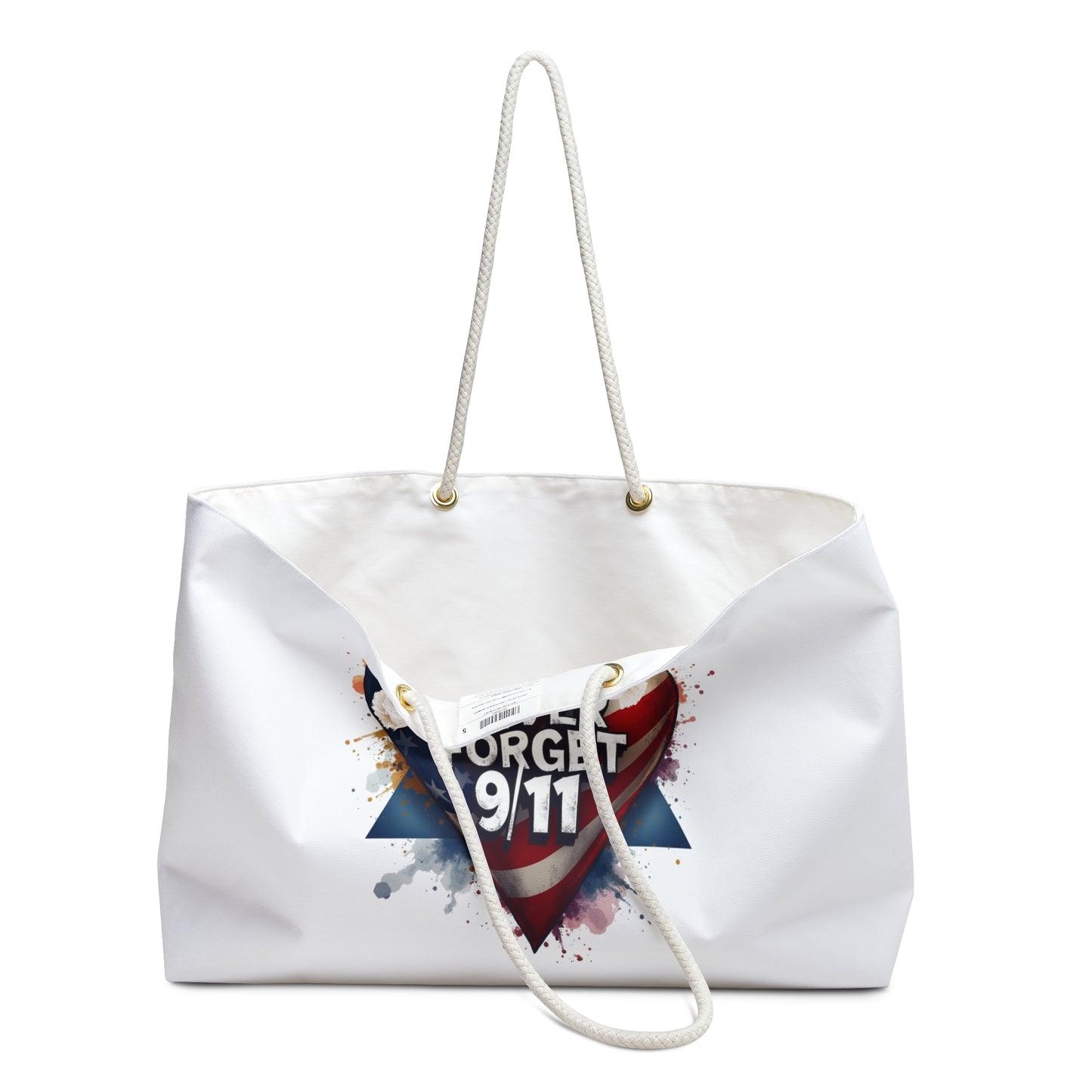 Never Forget 9/11 Patriotic Weekender Bag — American Flag Heart Memorial Travel Tote