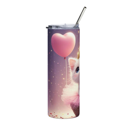 20oz Stainless Steel Tumbler — Cute Princess Kitten with Heart Balloon