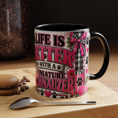 Life Is Better With A Miniature Schnauzer Accent Coffee Mug — Pink Paw Print Dog Lover Gift (11/15oz)