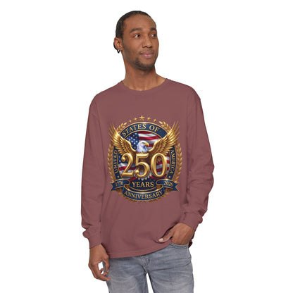 250 Years Anniversary Long Sleeve T-Shirt — USA Bicentennial 1776–2026 Eagle Emblem