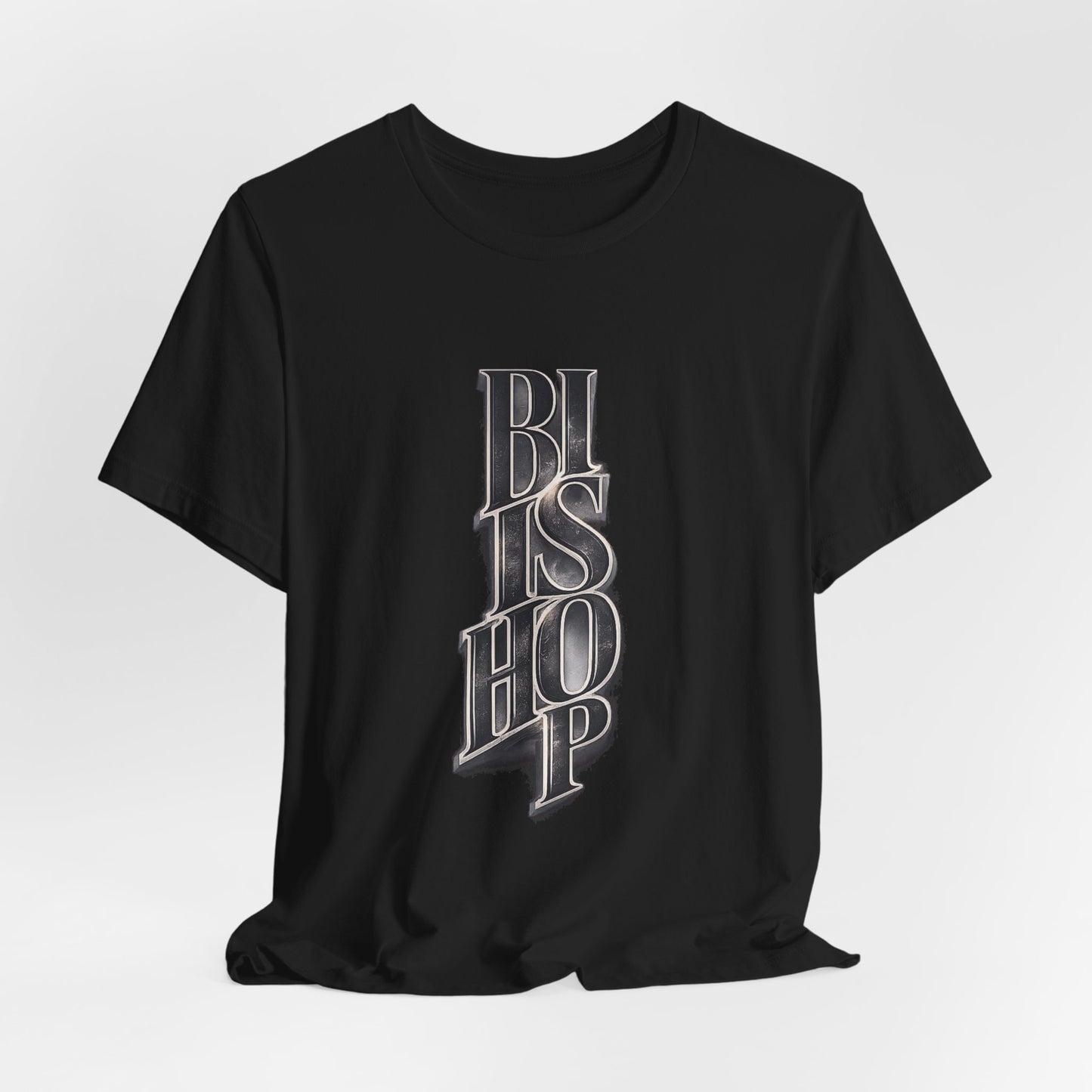 Bishop Vertical Script Tee — Vintage Gothic Lettering T-Shirt