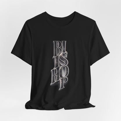 Bishop Vertical Script Tee — Vintage Gothic Lettering T-Shirt
