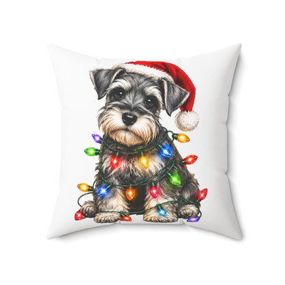 Schnauzer Puppy Christmas Pillow — Festive Dog with Santa Hat & Holiday Lights