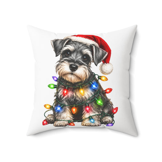 Schnauzer Puppy Christmas Pillow — Festive Dog with Santa Hat & Holiday Lights
