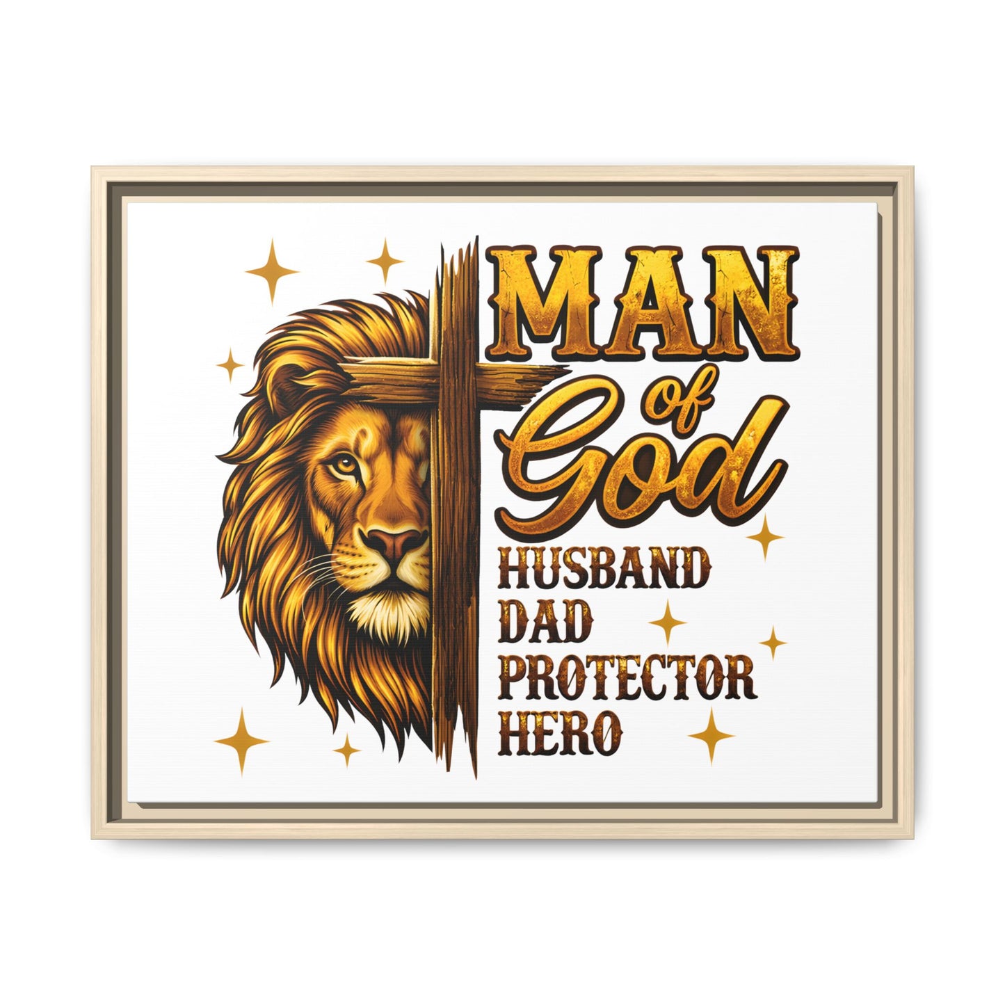Man of God Framed Canvas Art — 'Man of God: Husband, Dad, Protector, Hero' Religious Wall Decor