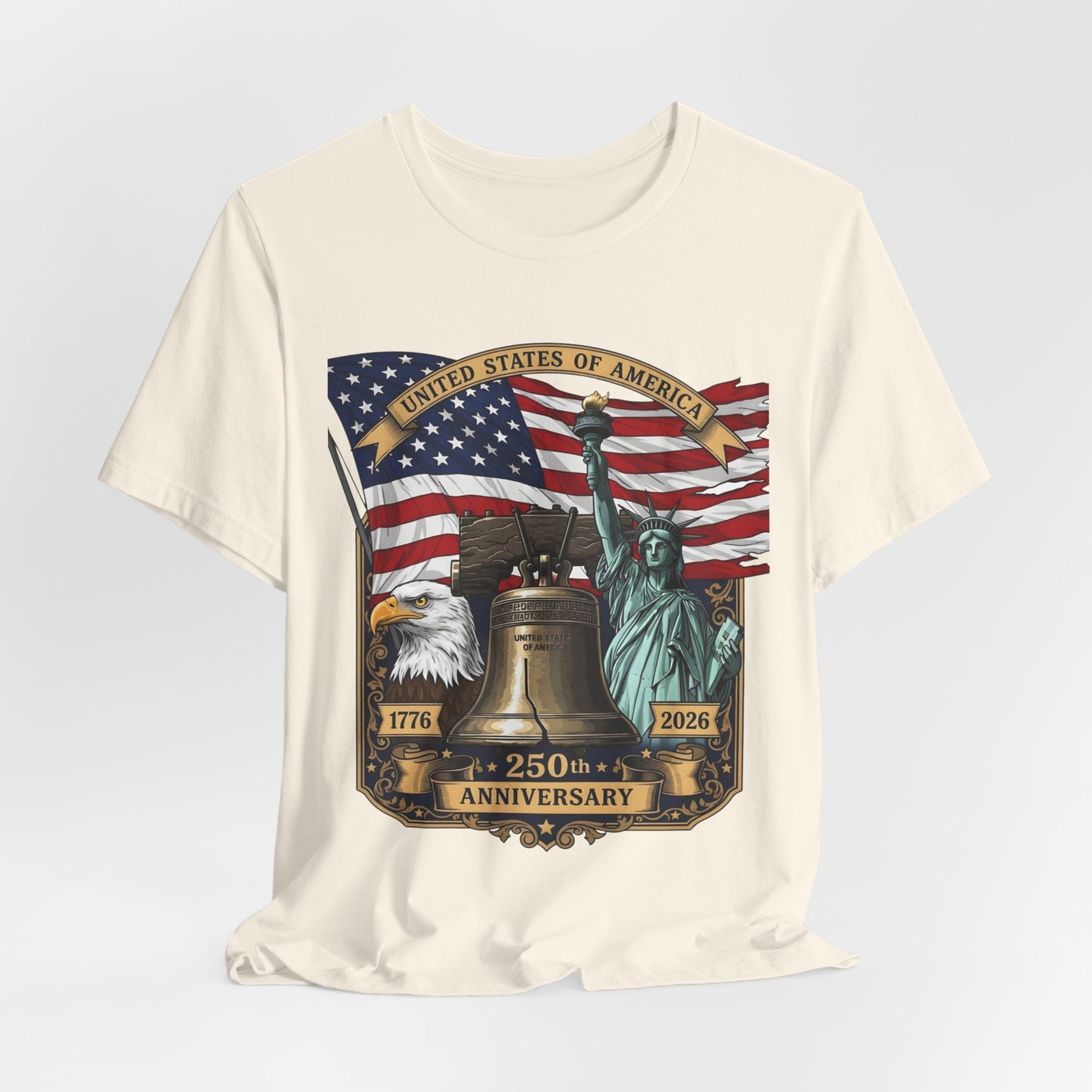 Patriotic 250th Anniversary T-Shirt - Liberty Bell, Bald Eagle & Statue of Liberty