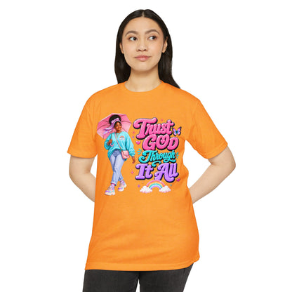Trust God Through It All T-Shirt — Inspirational Faith Tee with Colorful Girl Illustration