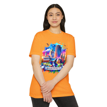 Massachusetts Watercolor Cityscape T-Shirt — Colorful State Landmark Tee