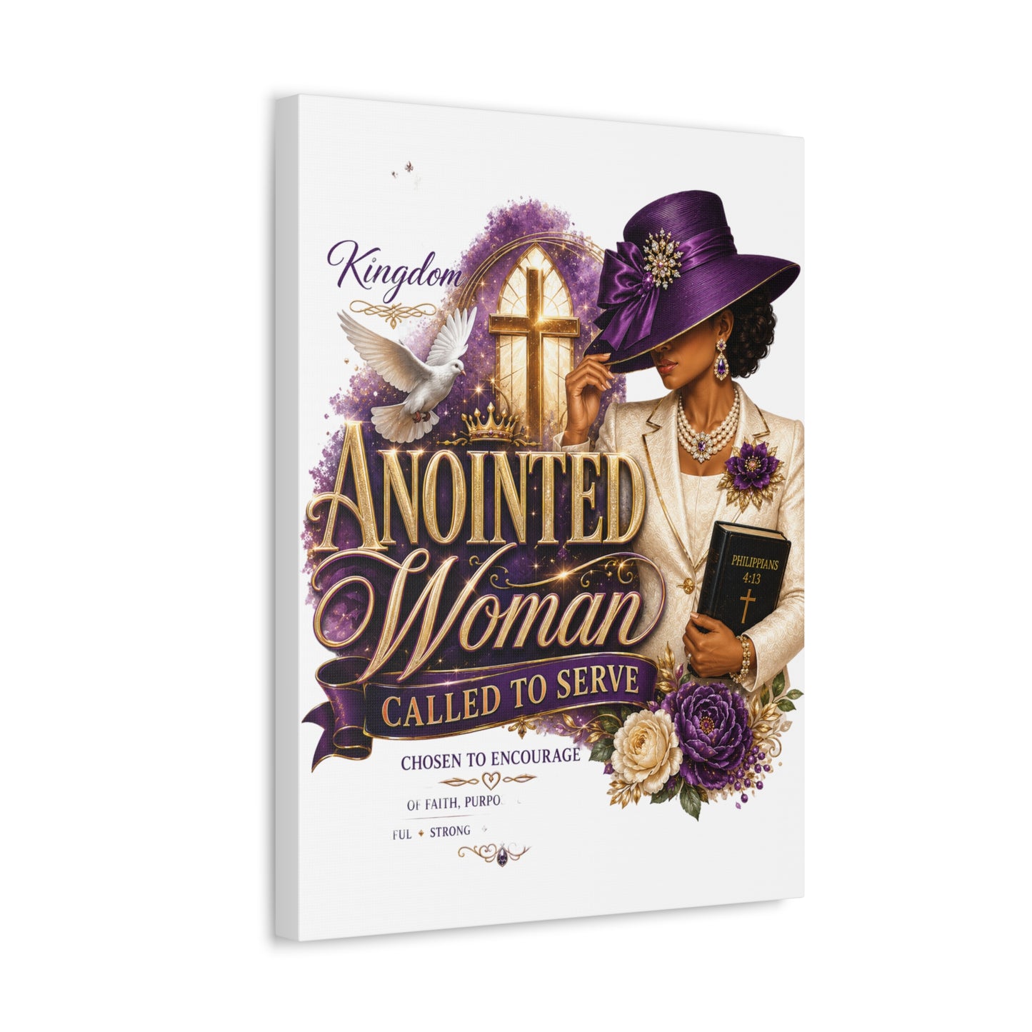 Anointed Woman Stretched Canvas — "Called to Serve" Faith Wall Art (Purple Hat & Bible)