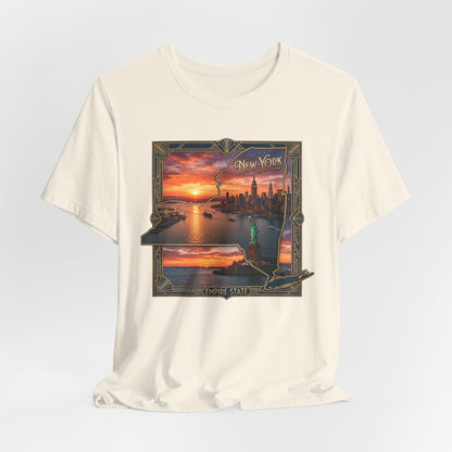 New York Sunset Skyline Tee — Statue of Liberty Vintage Travel T‑Shirt