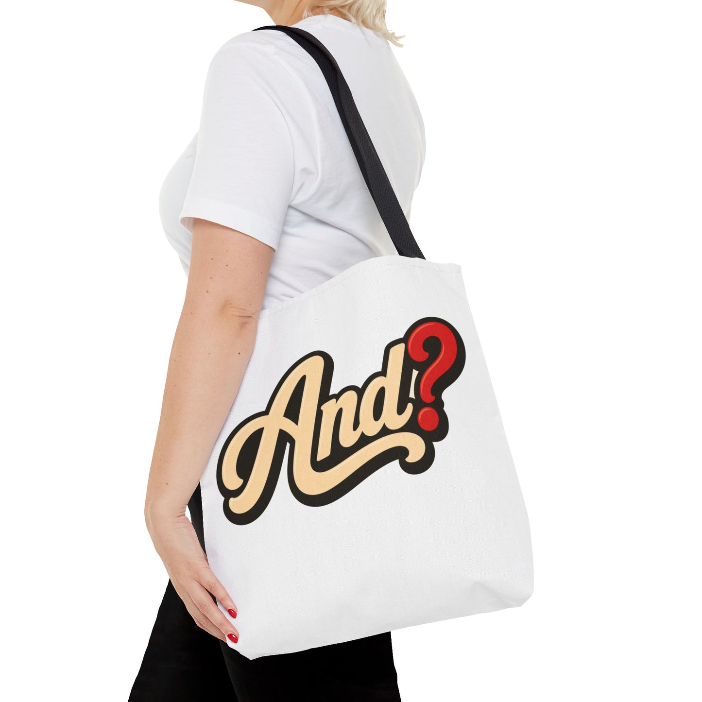 And? Graphic Tote Bag — Retro Script Question Mark Design