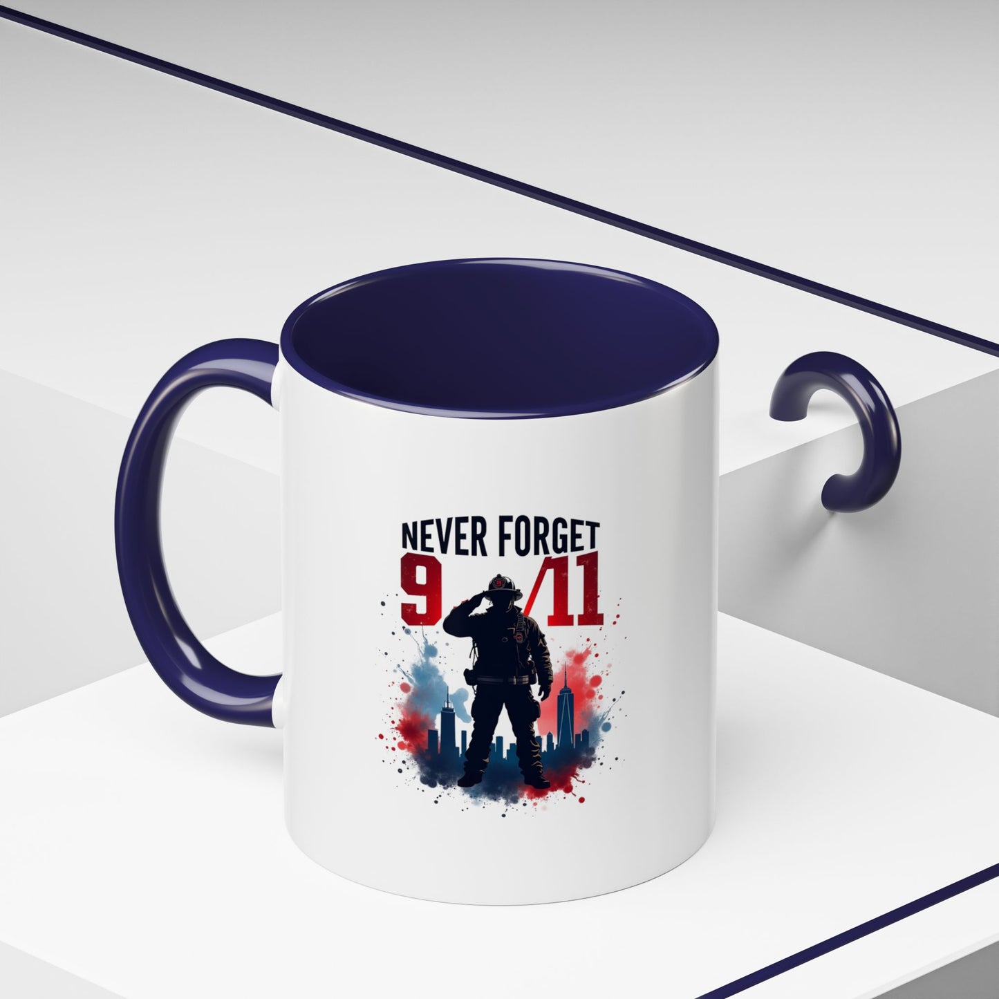 Never Forget 9/11 Accent Coffee Mug — Patriotic Memorial Tribute (11oz, 15oz)