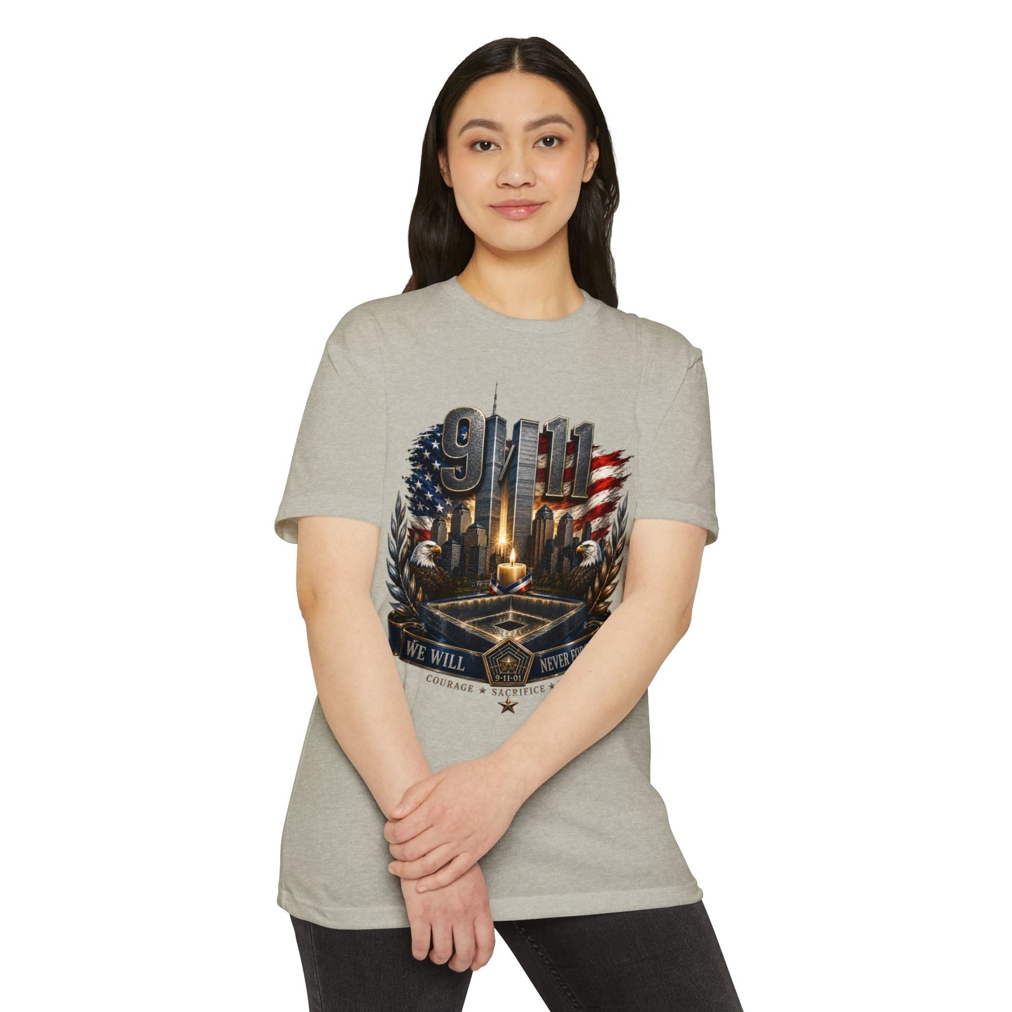 9/11 Never Forget Memorial T-Shirt — Tribute American Flag Skyline Tee