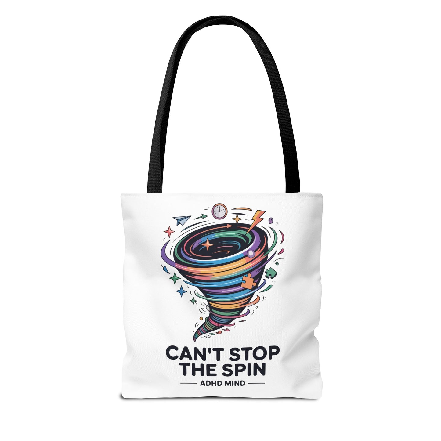 Tote Bag — “Can’t Stop The Spin” ADHD Mind Colorful Tornado Tote