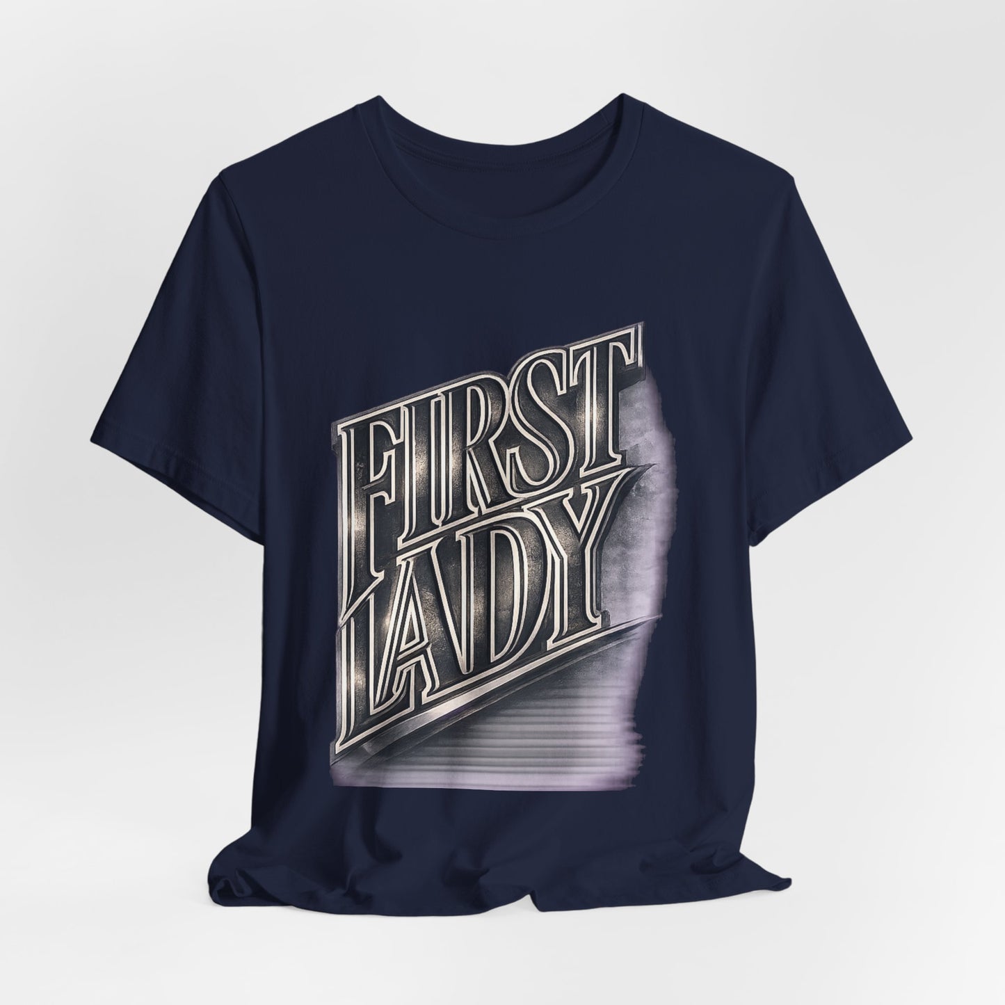 First Lady Graphic Tee — Retro Metallic Script Short Sleeve Shirt