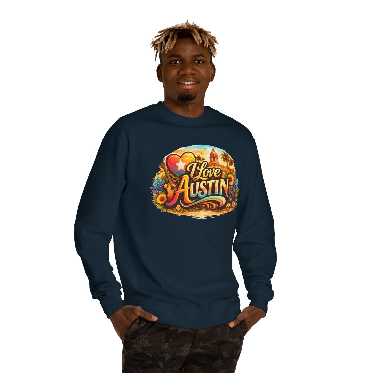 I Love Austin Crewneck Sweatshirt – Retro Texas Cityscape Pullover