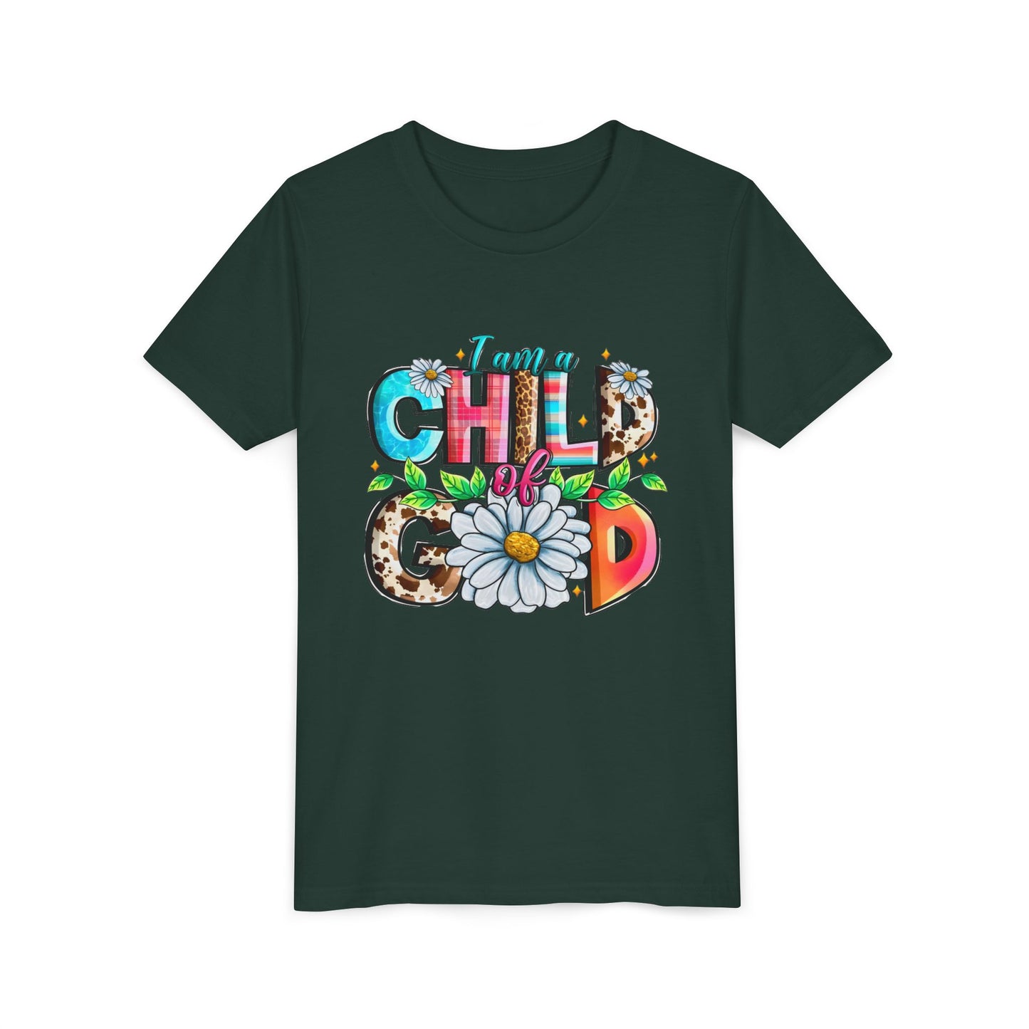 Youth Tee — "I Am a Child of God" Floral Christian Graphic